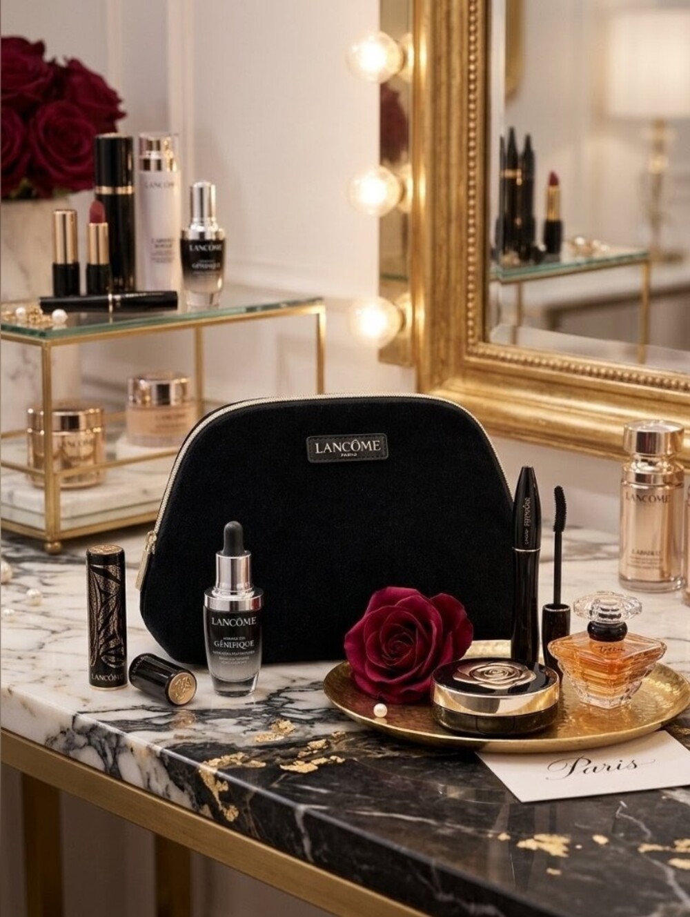 Lancome Black Velvet Cosmetic Pouch with Gold Trim